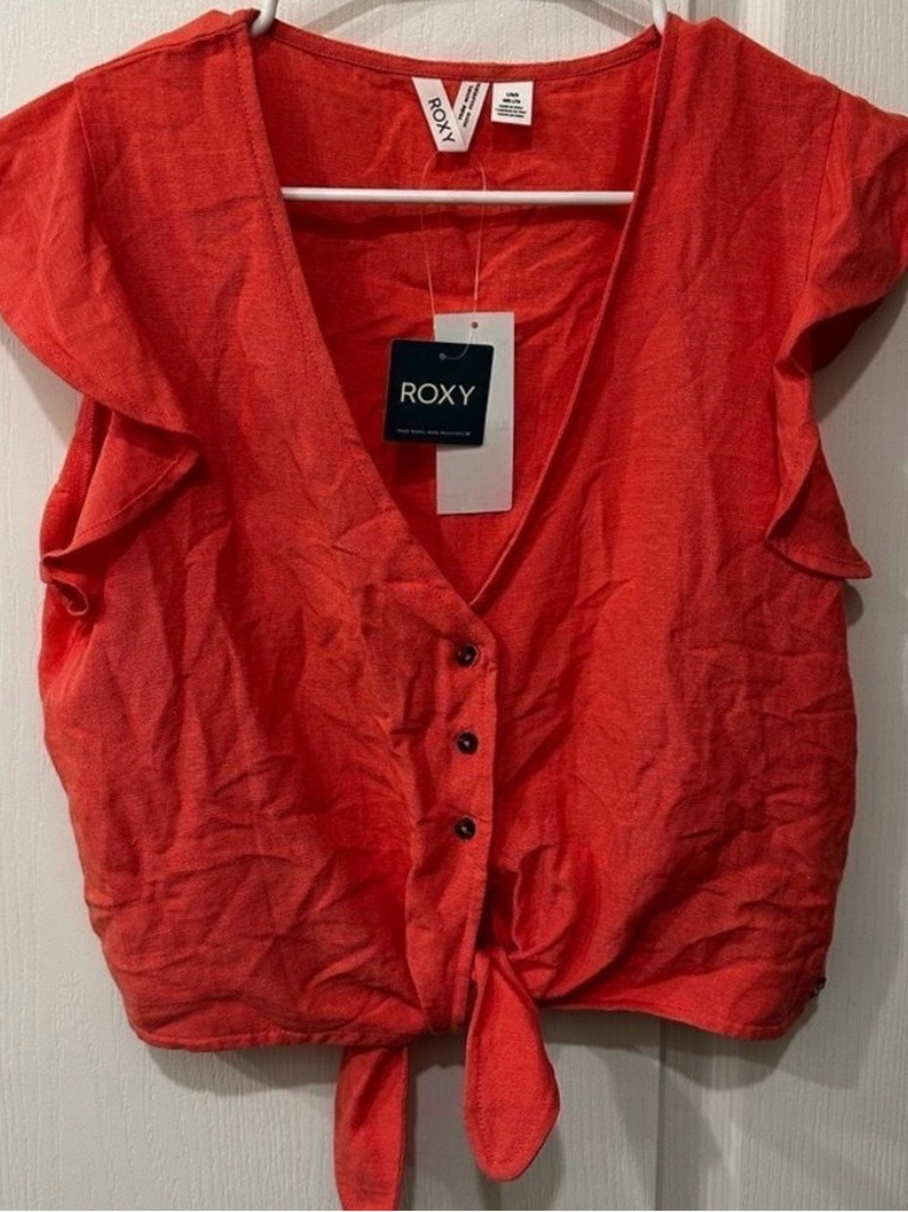 Roxy Women's Coral Tie-Front Button Crop Top